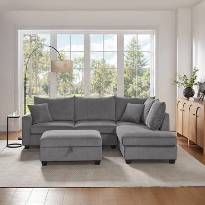 Lilola Home - Rowan 107"W Dark Gray Corduroy Fabric Sectional Sofa with Right Facing Chaise, USB & USB-C Charging Port, Storage Ottoman, and Pillows - 83220