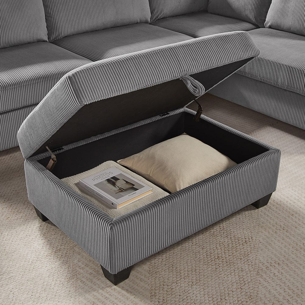 Lilola Home - Rowan 107"W Dark Gray Corduroy Fabric Sectional Sofa with Right Facing Chaise, USB & USB-C Charging Port, Storage Ottoman, and Pillows - 83220