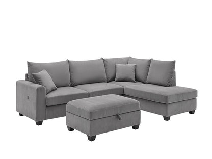 Lilola Home - Rowan 107"W Dark Gray Corduroy Fabric Sectional Sofa with Right Facing Chaise, USB & USB-C Charging Port, Storage Ottoman, and Pillows - 83220