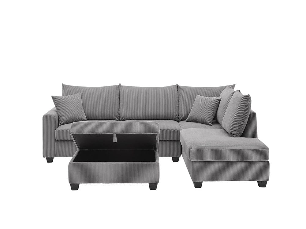 Lilola Home - Rowan 107"W Dark Gray Corduroy Fabric Sectional Sofa with Right Facing Chaise, USB & USB-C Charging Port, Storage Ottoman, and Pillows - 83220