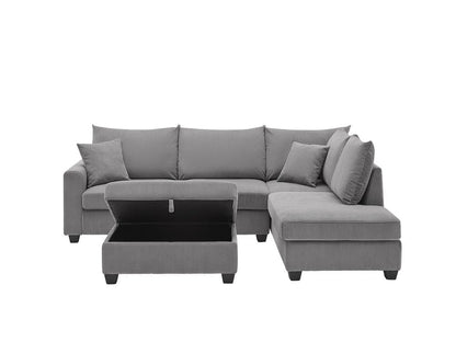 Lilola Home - Rowan 107"W Dark Gray Corduroy Fabric Sectional Sofa with Right Facing Chaise, USB & USB-C Charging Port, Storage Ottoman, and Pillows - 83220