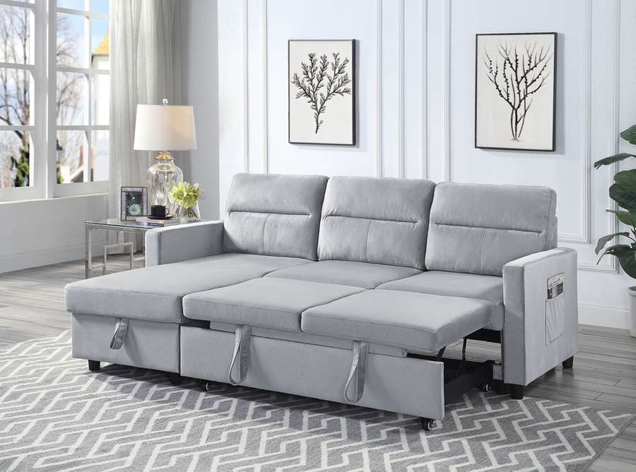 Lilola Home - Ruby Light Gray Velvet Reversible Sleeper Sectional Sofa with Storage Chaise and Side Pocket - 889331LG veiw 3