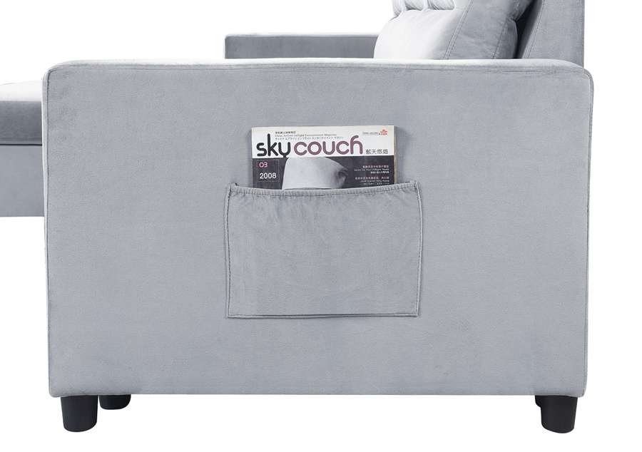 Lilola Home - Ruby Light Gray Velvet Reversible Sleeper Sectional Sofa with Storage Chaise and Side Pocket - 889331LG veiw 4