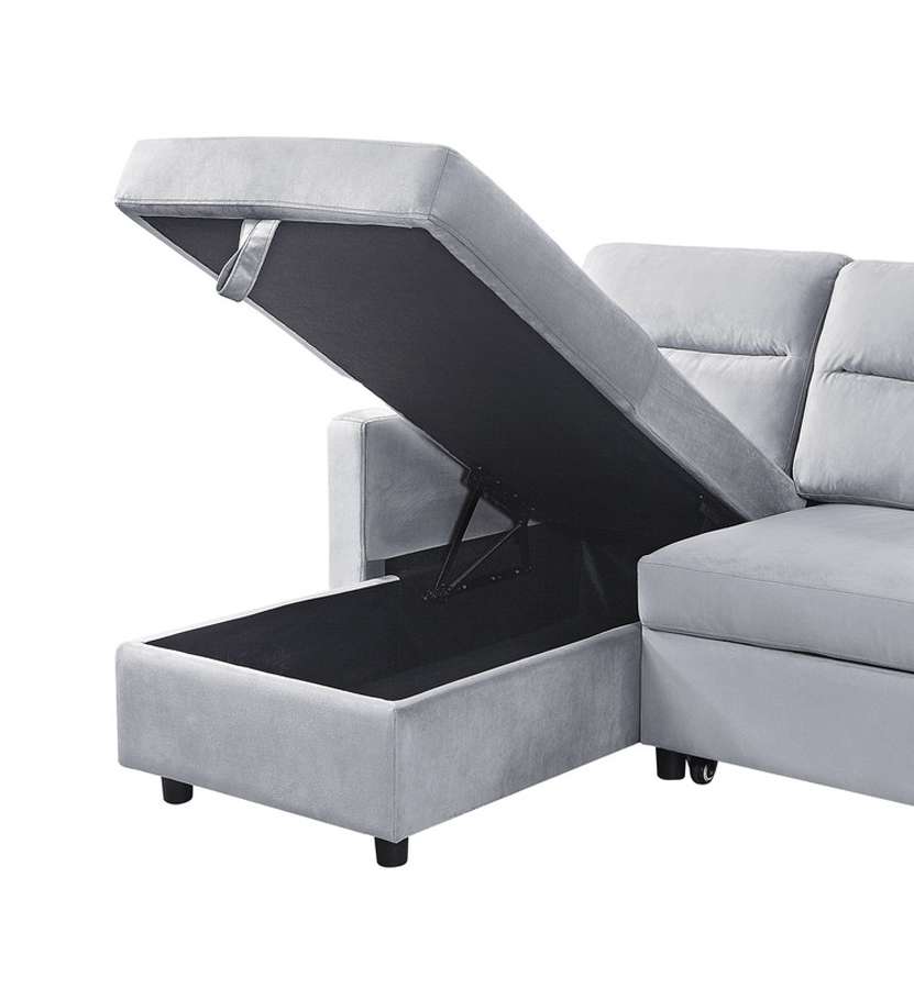 Lilola Home - Ruby Light Gray Velvet Reversible Sleeper Sectional Sofa with Storage Chaise and Side Pocket - 889331LG veiw 5