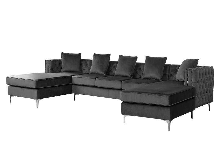 Lilola Home - Ryan Dark Gray Velvet Double Chaise Sectional Sofa with Nail-Head Trim - 87841 veiw 4