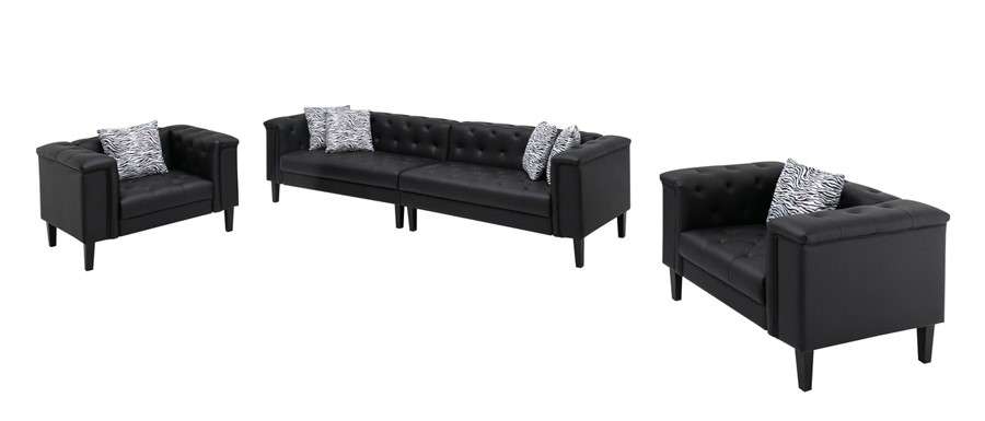Lilola Home - Sarah Black Vegan Leather Tufted Sofa 2 Chairs Living Room Set With 6 Accent Pillows - 89224-SCC veiw 1