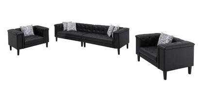 Lilola Home - Sarah Black Vegan Leather Tufted Sofa 2 Chairs Living Room Set With 6 Accent Pillows - 89224-SCC veiw 1