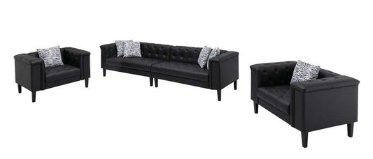 Lilola Home - Sarah Black Vegan Leather Tufted Sofa 2 Chairs Living Room Set With 6 Accent Pillows - 89224-SCC veiw 1