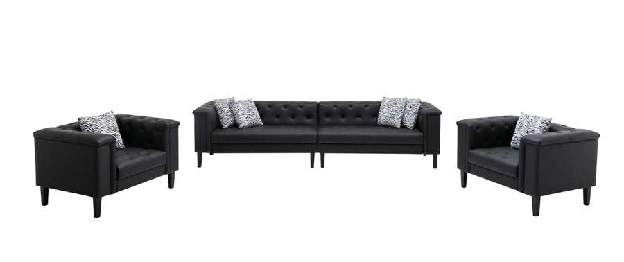 Lilola Home - Sarah Black Vegan Leather Tufted Sofa 2 Chairs Living Room Set With 6 Accent Pillows - 89224-SCC veiw 2