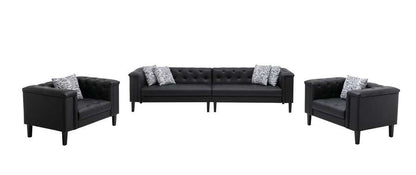 Lilola Home - Sarah Black Vegan Leather Tufted Sofa 2 Chairs Living Room Set With 6 Accent Pillows - 89224-SCC veiw 2