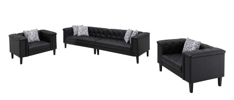 Lilola Home - Sarah Black Vegan Leather Tufted Sofa 2 Chairs Living Room Set With 6 Accent Pillows - 89224-SCC veiw 3
