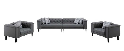 Lilola Home - Sarah Gray Vegan Leather Tufted Sofa 2 Chairs Living Room Set With 6 Accent Pillows - 89225-SCC veiw 2