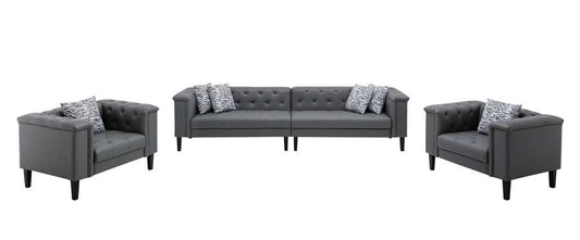 Lilola Home - Sarah Gray Vegan Leather Tufted Sofa 2 Chairs Living Room Set With 6 Accent Pillows - 89225-SCC veiw 2