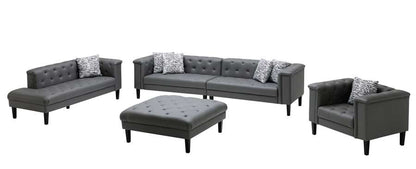 Lilola Home - Sarah Gray Vegan Leather Tufted Sofa Chaise Chair Ottoman Living Room Set With 6 Accent Pillows - 89225 veiw 3
