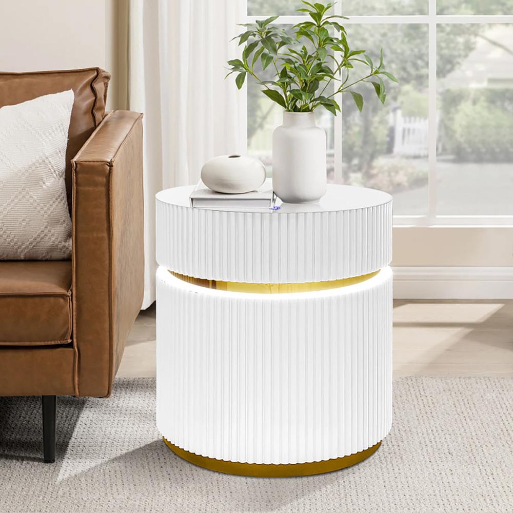 Lilola Home - Tavita 19.5in Round White Side Table with Glass Top and LED Lights in White - 98048 veiw 3