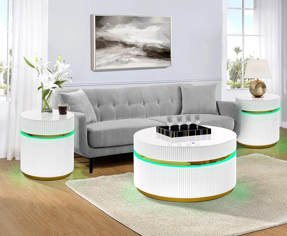 Lilola Home - Tavita 3-Piece Round Coffee Table Set with Glass Top and LED Lights in White - 98048-1 veiw 3
