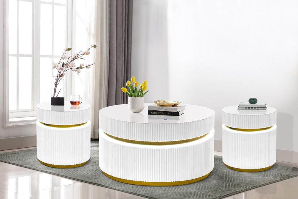 Lilola Home - Tavita 3-Piece Round Coffee Table Set with Glass Top and LED Lights in White - 98048-1 veiw 4