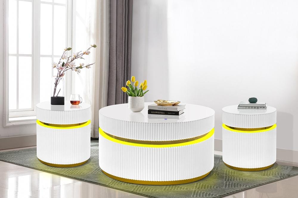 Lilola Home - Tavita 3-Piece Round Coffee Table Set with Glass Top and LED Lights in White - 98048-1 veiw 8