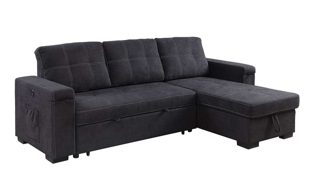 Lilola Home - Toby 95inW Black Woven Fabric Reversible Sleeper Sectional Sofa with Storage Chaise Cup Holder Charging Ports and Pockets - 81395BK veiw 1