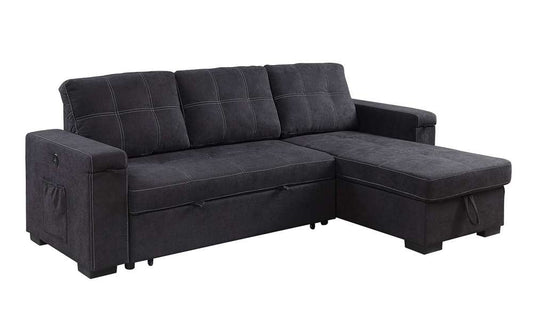 Lilola Home - Toby 95inW Black Woven Fabric Reversible Sleeper Sectional Sofa with Storage Chaise Cup Holder Charging Ports and Pockets - 81395BK veiw 1