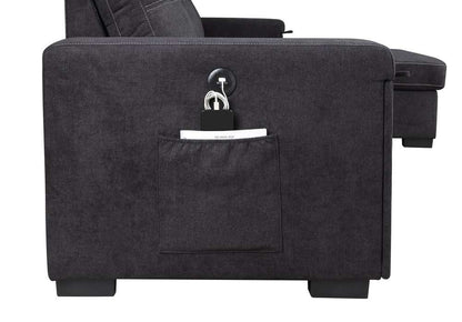 Lilola Home - Toby 95inW Black Woven Fabric Reversible Sleeper Sectional Sofa with Storage Chaise Cup Holder Charging Ports and Pockets - 81395BK veiw 3