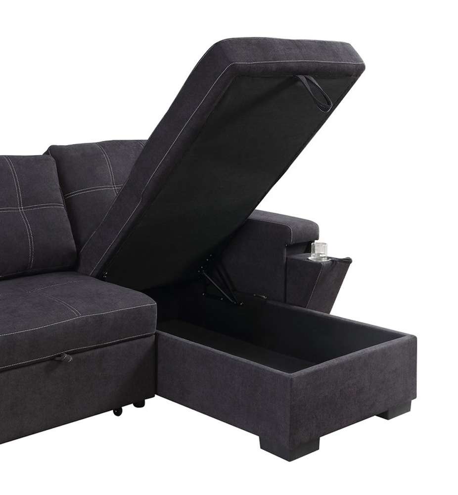 Lilola Home - Toby 95inW Black Woven Fabric Reversible Sleeper Sectional Sofa with Storage Chaise Cup Holder Charging Ports and Pockets - 81395BK veiw 4
