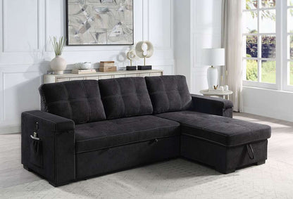 Lilola Home - Toby 95inW Black Woven Fabric Reversible Sleeper Sectional Sofa with Storage Chaise Cup Holder Charging Ports and Pockets - 81395BK veiw 6