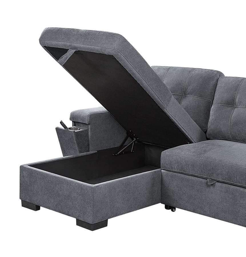 Lilola Home - Toby Gray Woven Fabric Reversible Sleeper Sectional Sofa with Storage Chaise Cup Holder USB Ports and Pockets - 81395 veiw 4