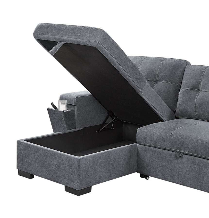 Lilola Home - Toby Gray Woven Fabric Reversible Sleeper Sectional Sofa with Storage Chaise Cup Holder USB Ports and Pockets - 81395 veiw 5