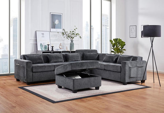Lilola Home - Trey 115inW Gray Chenille Sectional Sofa with Adjustable Backrest, Charging Ports, Pockets, Tufting, Storage Ottoman, Throw Pillows in Gray - 89306 veiw 1