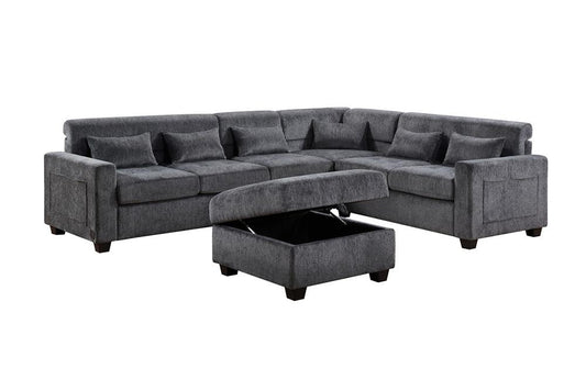 Lilola Home - Trey 115inW Gray Chenille Sectional Sofa with Adjustable Backrest, Charging Ports, Pockets, Tufting, Storage Ottoman, Throw Pillows in Gray - 89306 veiw 2