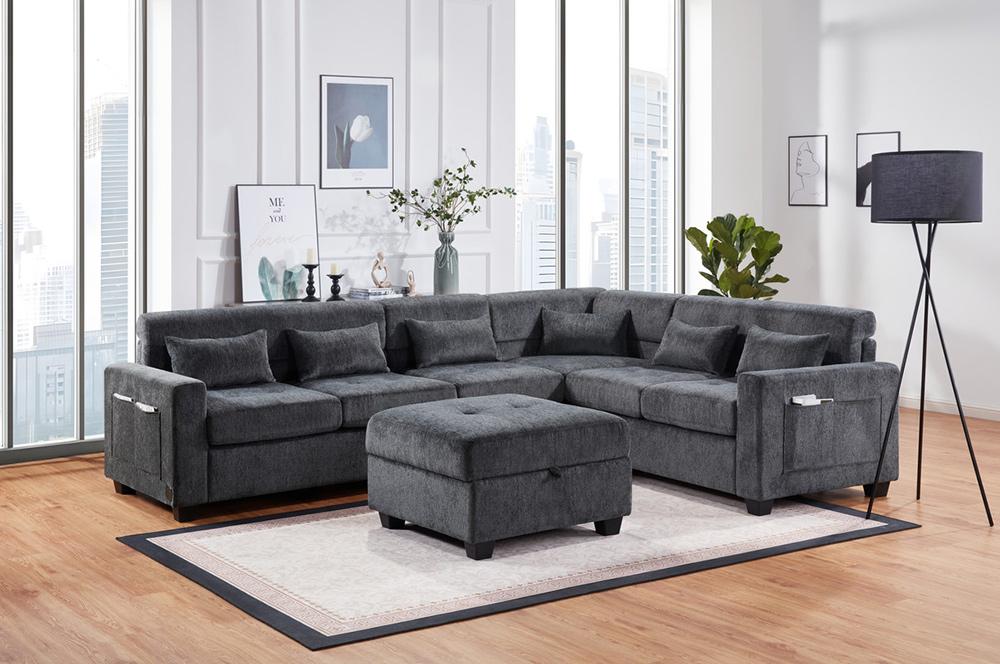Lilola Home - Trey 115inW Gray Chenille Sectional Sofa with Adjustable Backrest, Charging Ports, Pockets, Tufting, Storage Ottoman, Throw Pillows in Gray - 89306 veiw 3