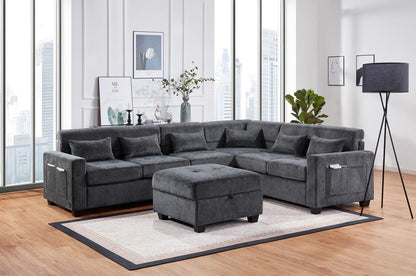 Lilola Home - Trey 115inW Gray Chenille Sectional Sofa with Adjustable Backrest, Charging Ports, Pockets, Tufting, Storage Ottoman, Throw Pillows in Gray - 89306 veiw 3