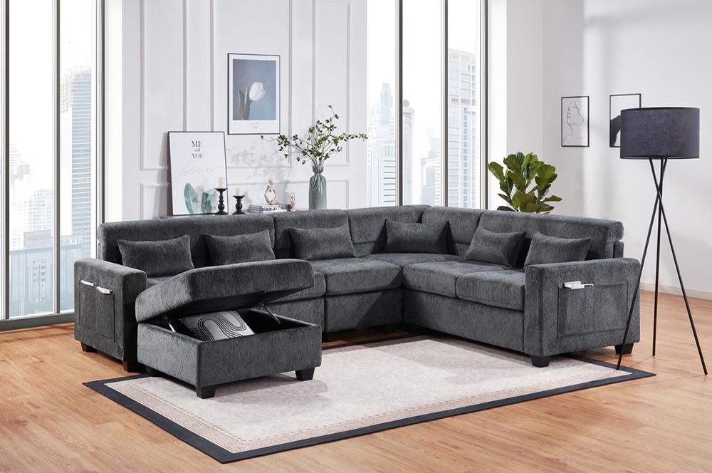 Lilola Home - Trey 115inW Gray Chenille Sectional Sofa with Adjustable Backrest, Charging Ports, Pockets, Tufting, Storage Ottoman, Throw Pillows in Gray - 89306 veiw 4