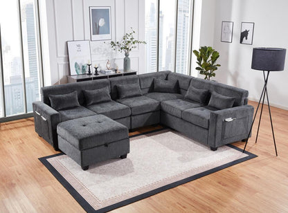Lilola Home - Trey 115inW Gray Chenille Sectional Sofa with Adjustable Backrest, Charging Ports, Pockets, Tufting, Storage Ottoman, Throw Pillows in Gray - 89306 veiw 5