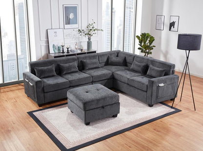 Lilola Home - Trey 115inW Gray Chenille Sectional Sofa with Adjustable Backrest, Charging Ports, Pockets, Tufting, Storage Ottoman, Throw Pillows in Gray - 89306 veiw 6