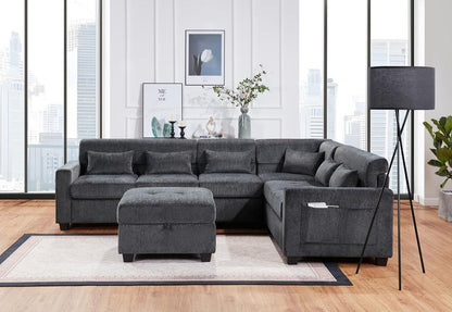 Lilola Home - Trey 115inW Gray Chenille Sectional Sofa with Adjustable Backrest, Charging Ports, Pockets, Tufting, Storage Ottoman, Throw Pillows in Gray - 89306 veiw 7
