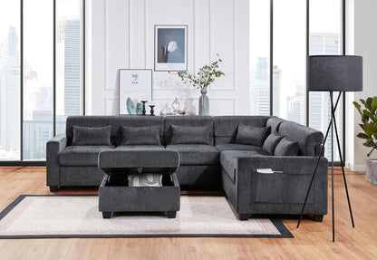 Lilola Home - Trey 115inW Gray Chenille Sectional Sofa with Adjustable Backrest, Charging Ports, Pockets, Tufting, Storage Ottoman, Throw Pillows in Gray - 89306 veiw 8