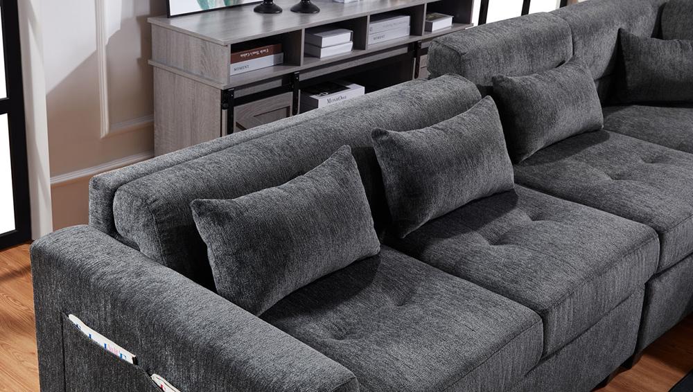 Lilola Home - Trey 115inW Gray Chenille Sectional Sofa with Adjustable Backrest, Charging Ports, Pockets, Tufting, Storage Ottoman, Throw Pillows in Gray - 89306 veiw 10