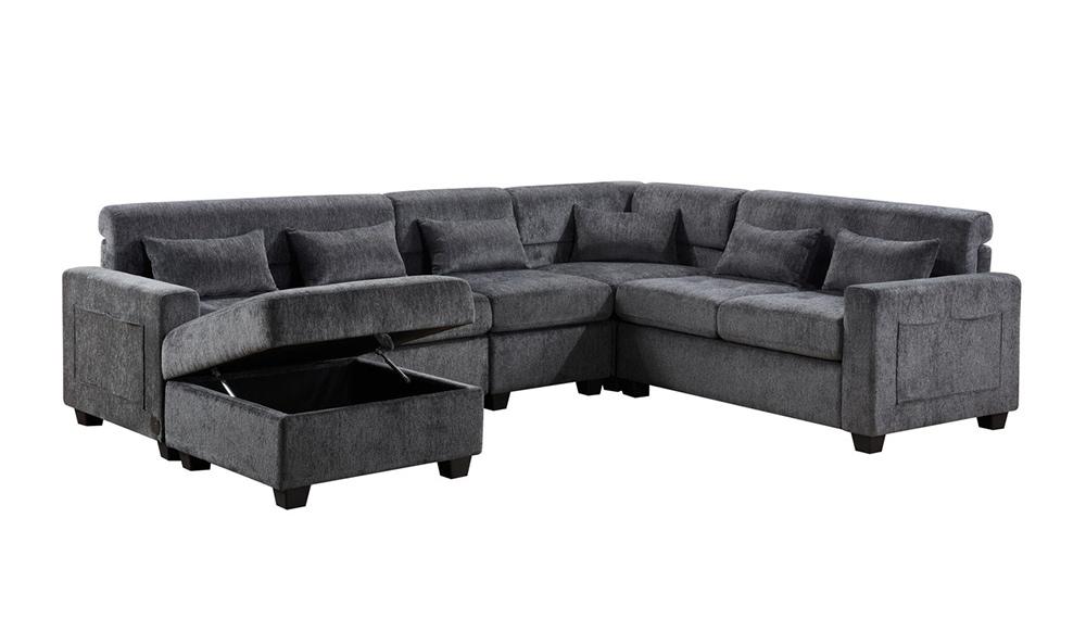 Lilola Home - Trey 115inW Gray Chenille Sectional Sofa with Adjustable Backrest, Charging Ports, Pockets, Tufting, Storage Ottoman, Throw Pillows in Gray - 89306 veiw 13