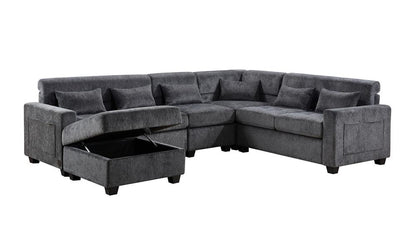 Lilola Home - Trey 115inW Gray Chenille Sectional Sofa with Adjustable Backrest, Charging Ports, Pockets, Tufting, Storage Ottoman, Throw Pillows in Gray - 89306 veiw 13