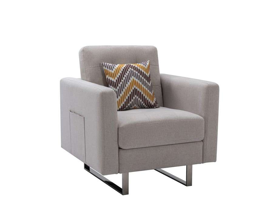 Lilola Home - Victoria Beige Linen Fabric Armchair with Metal Legs, Side Pockets, and Pillow - 88865BE-C veiw 1