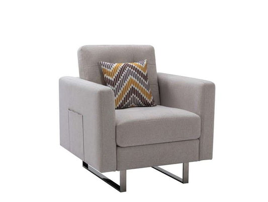 Lilola Home - Victoria Beige Linen Fabric Armchair with Metal Legs, Side Pockets, and Pillow - 88865BE-C veiw 1