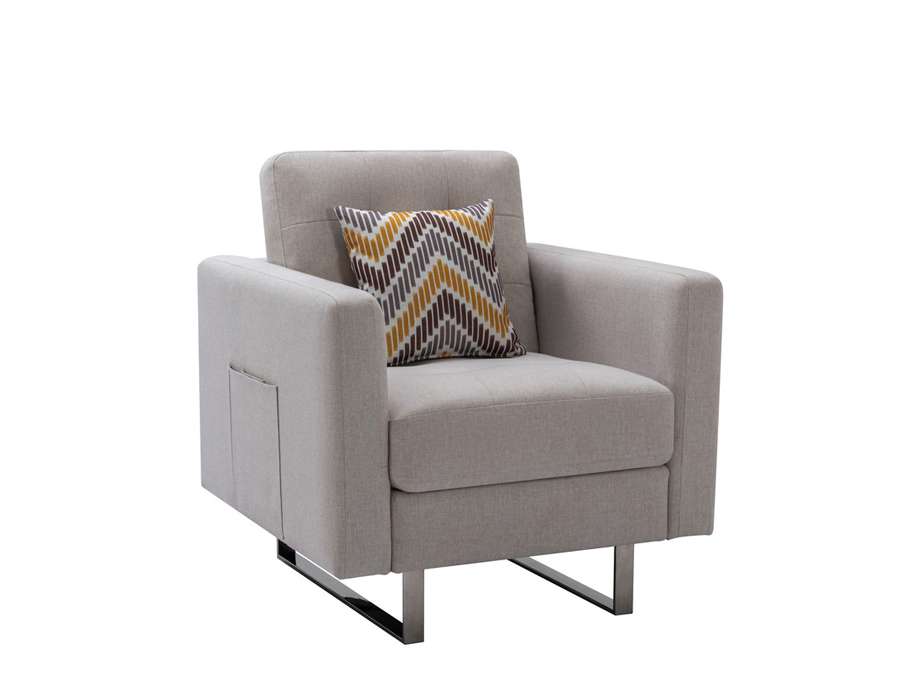 Lilola Home - Victoria Beige Linen Fabric Armchair with Metal Legs, Side Pockets, and Pillow - 88865BE-C veiw 6