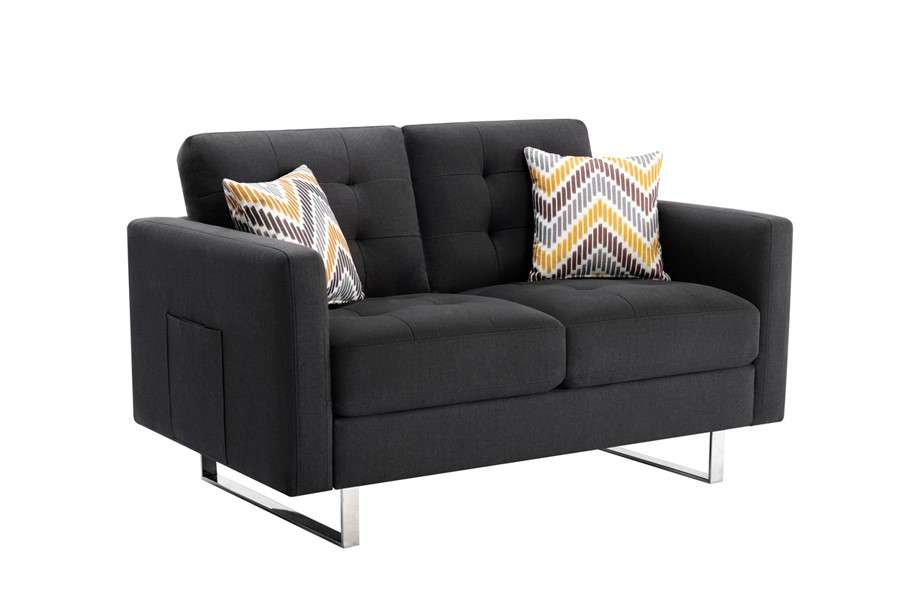Lilola Home - Victoria Dark Gray Linen Fabric Loveseat with Metal Legs, Side Pockets, and Pillows - 88865-L veiw 1