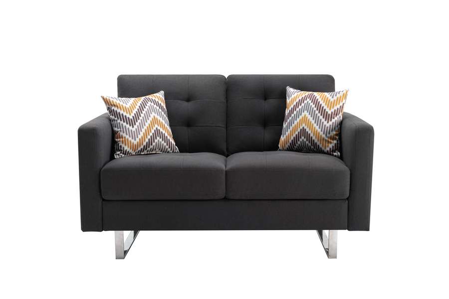Lilola Home - Victoria Dark Gray Linen Fabric Loveseat with Metal Legs, Side Pockets, and Pillows - 88865-L veiw 2