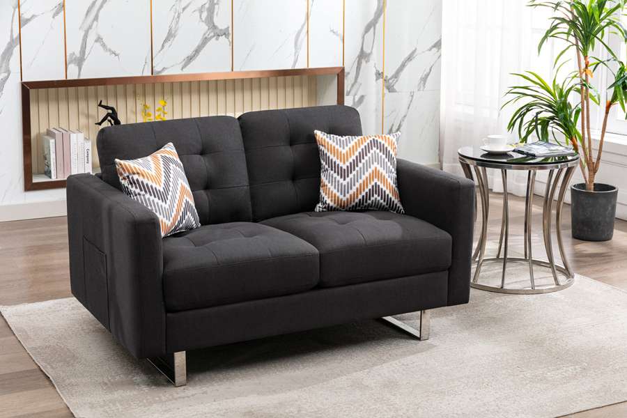 Lilola Home - Victoria Dark Gray Linen Fabric Loveseat with Metal Legs, Side Pockets, and Pillows - 88865-L veiw 3