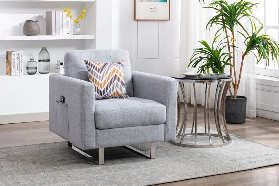Lilola Home - Victoria Light Gray Linen Fabric Armchair with Metal Legs, Side Pockets, and Pillow - 88865LG-C veiw 4