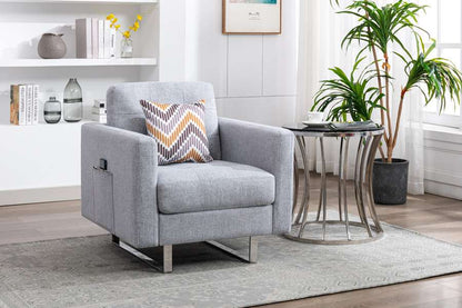 Lilola Home - Victoria Light Gray Linen Fabric Armchair with Metal Legs, Side Pockets, and Pillow - 88865LG-C veiw 4