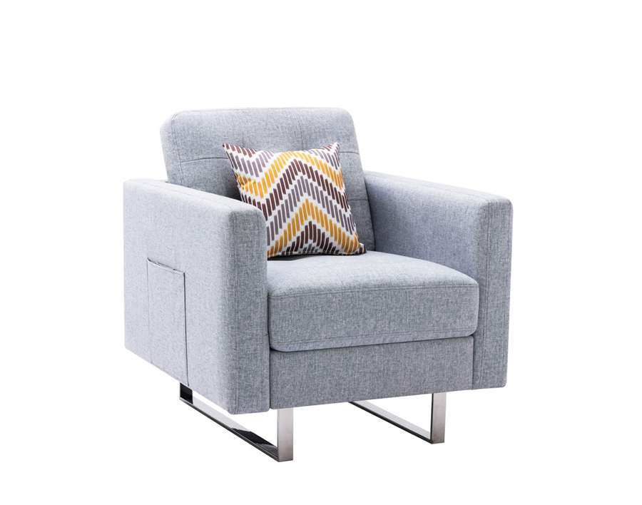 Lilola Home - Victoria Light Gray Linen Fabric Armchair with Metal Legs, Side Pockets, and Pillow - 88865LG-C veiw 6